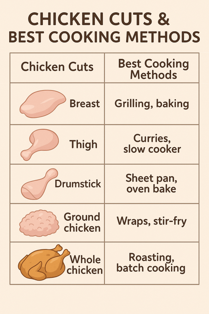 15 Best Healthy Recipes with Chicken Every Housewife Will Love 3 Healthy recipes with chicken – chart comparing chicken cuts with best healthy cooking methods for family meals