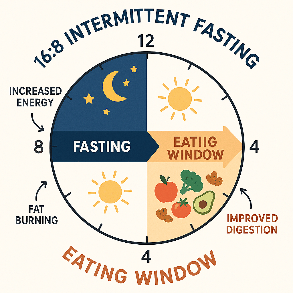 24 hour timeline showing a 16 8 intermittent fasting schedule with health benefits