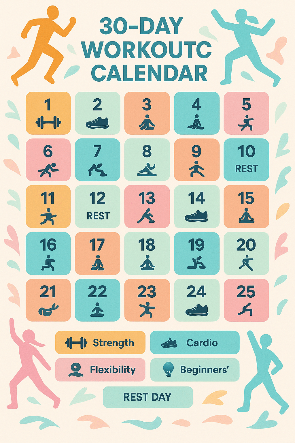 30 day workout challenge for beginners calendar with daily workout icons and tips