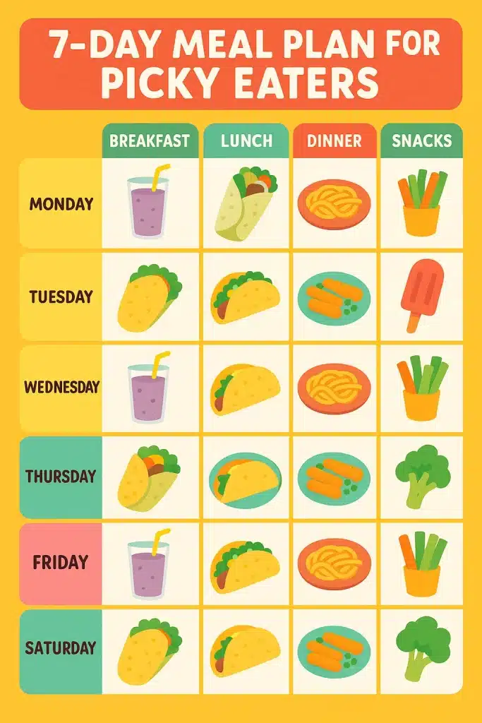 17Healthy Recipes for Picky Eaters That Actually Work 3 7 day meal plan infographic showing healthy recipes for picky eaters including smoothies wraps tacos pasta and veggie snacks