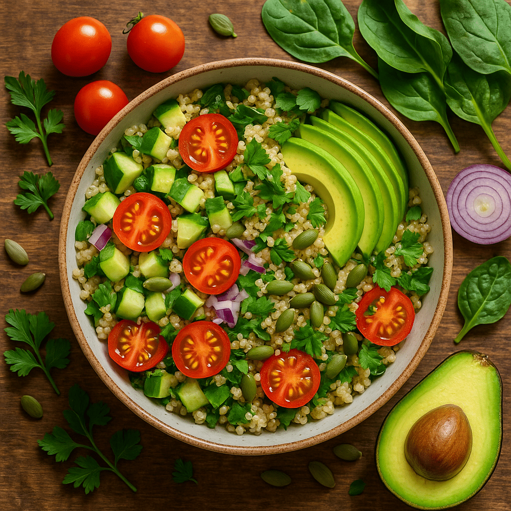 A colorful quinoa salad bowl showcasing healthy recipes with quinoa rich in fresh vegetables and see
