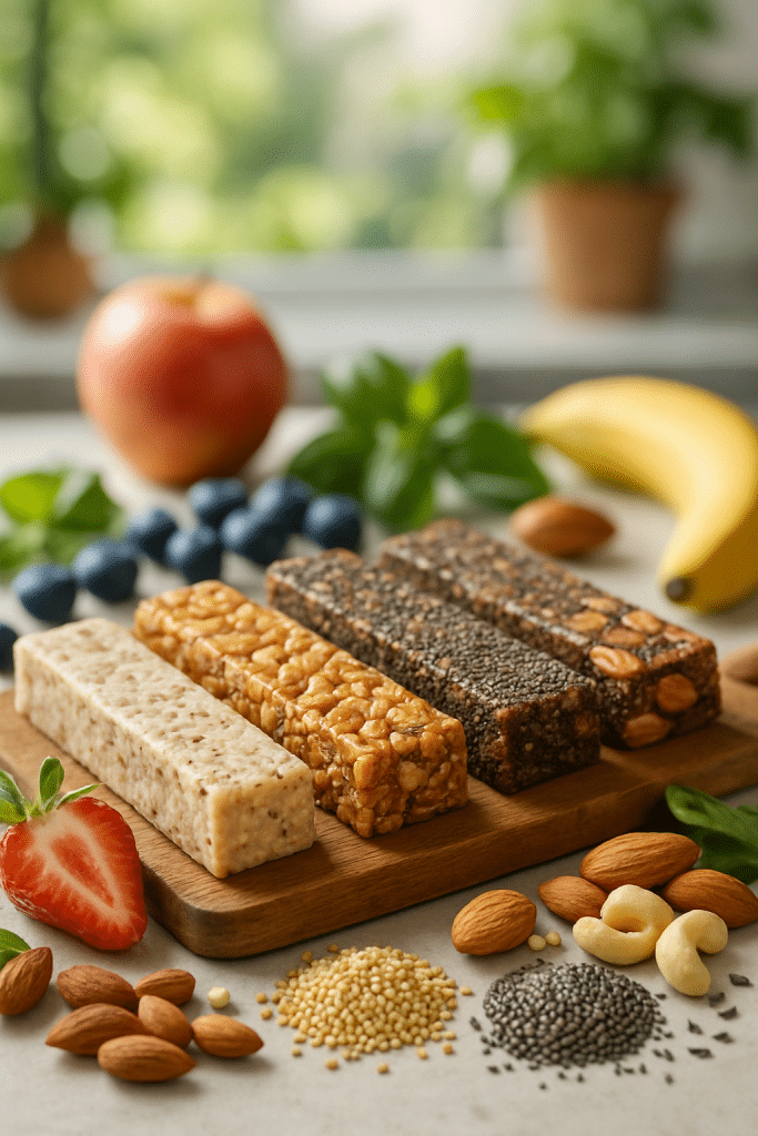 8 Best Gluten Free Protein Bars for Balanced Nutrition 3 Assorted best gluten free protein bars surrounded by fresh natural ingredients for balanced nutrition