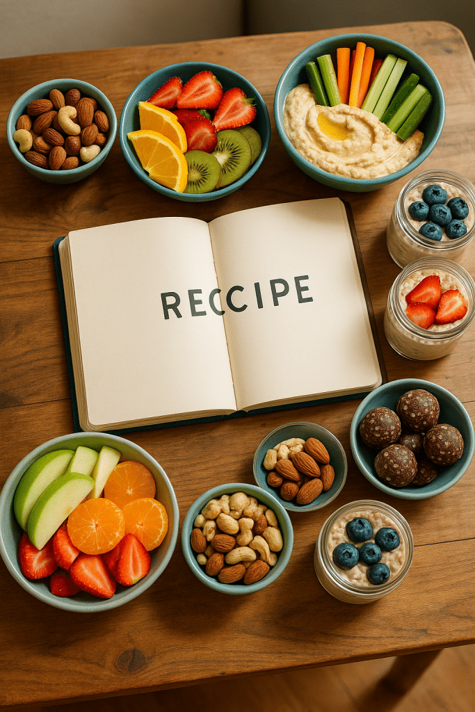 Live Better, Feel Stronger, Stay Healthy 1 Assorted colorful healthy snack recipes beautifully arranged on a rustic table for nutritious home cooking.