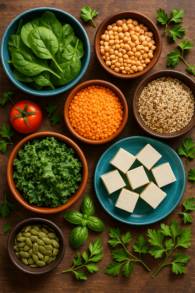 6 Powerful Iron Rich Foods for Vegetarians to Boost Health 2 Assorted iron rich foods for vegetarians including lentils, spinach, and seeds on rustic table