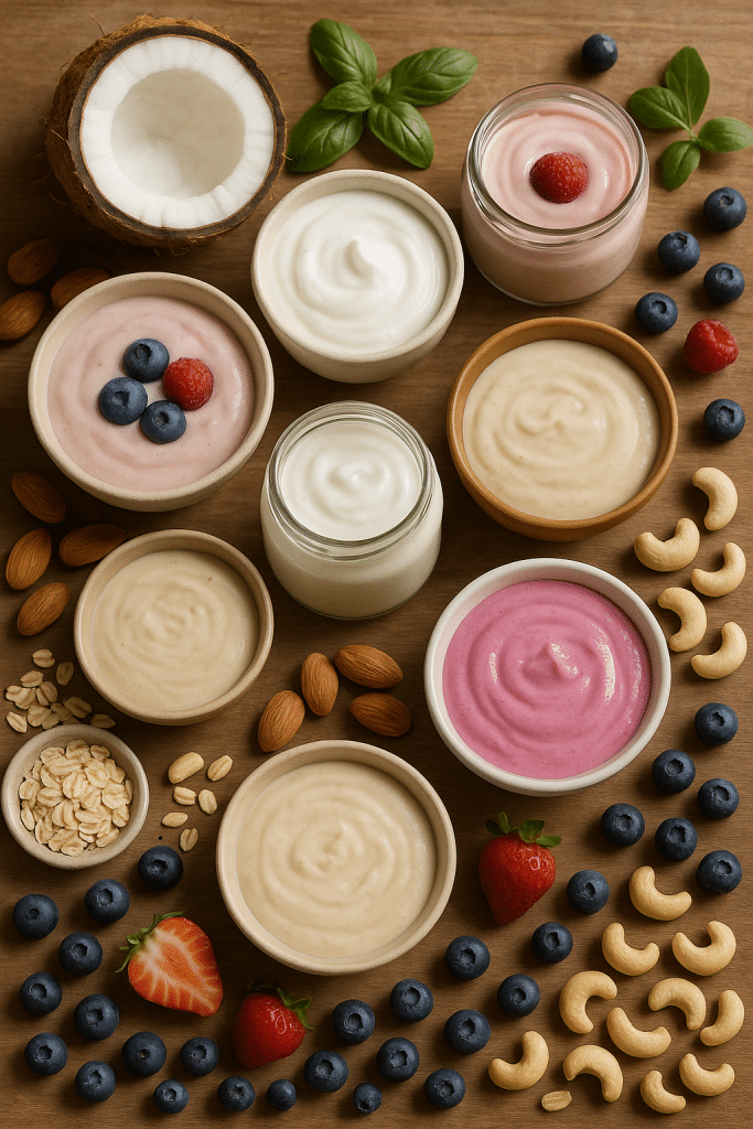 7 Best Dairy Free Yogurts for Healthy, Balanced Nutrition 6 Assortment of best dairy free yogurts with fresh plant-based ingredients for balanced nutrition