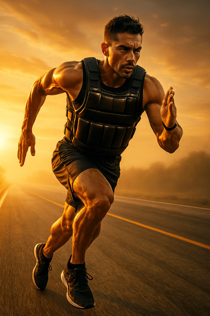 5 Powerful Benefits of Weighted Vests for Running Workouts 10 Athlete sprinting at dawn wearing weighted vest for running workout empowerment