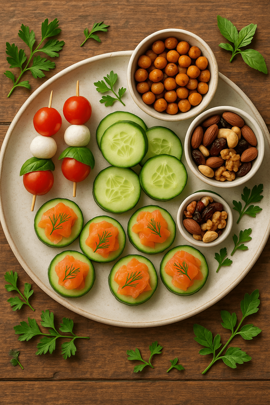 Balanced healthy appetizer platter featuring vegetables protein and nuts for nutritious easy meals
