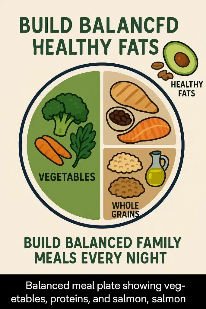 Balanced meal plate showing vegetables proteins and whole grains for healthy family dinner recipes