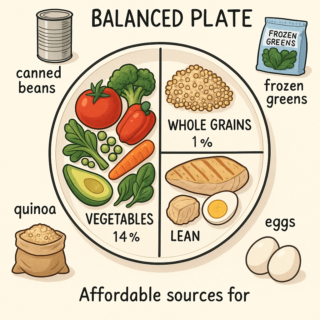 Balanced plate diagram showing affordable budget friendly healthy meals with vegetables grains and
