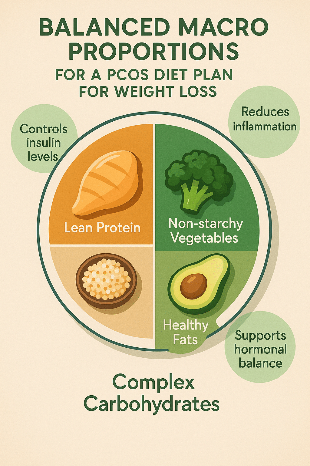 5 Effective PCOS Diet Plan Tips for Lasting Weight Loss 3 Balanced plate infographic illustrating a pcos diet plan for weight loss with protein veggies fats
