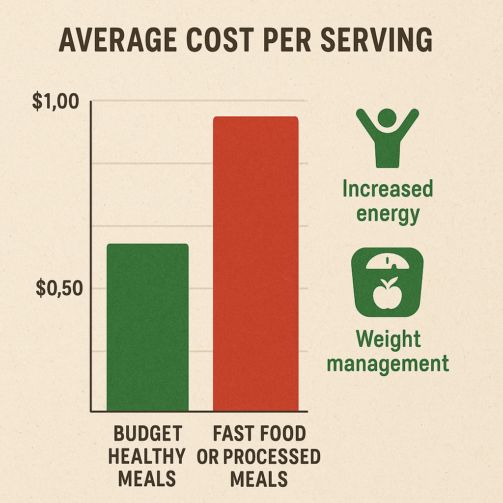 Bar chart comparing costs of budget friendly healthy meals and fast food with health benefit icons