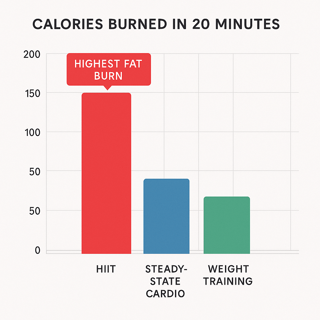 12 Powerful HIIT Workouts for Fat Burning Success 6 Bar chart showing HIIT workouts burn more fat calories compared to cardio and weight training
