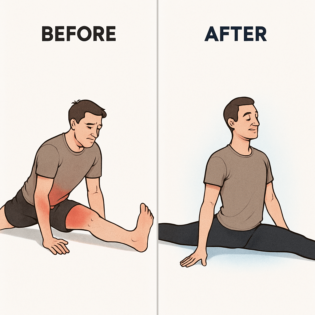 15 Powerful Stretching Exercises for Flexibility Every Adult Should Try 4 Before and after flexibility comparison of front split stretch highlighting benefits of stretching e