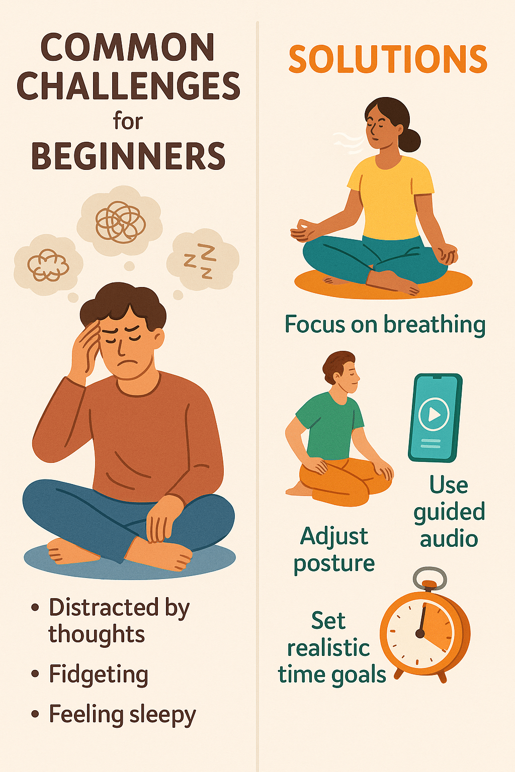 5 Powerful Guided Meditation for Beginners to Reduce Stress 7 Beginner challenges and solutions diagram for guided meditation for beginners
