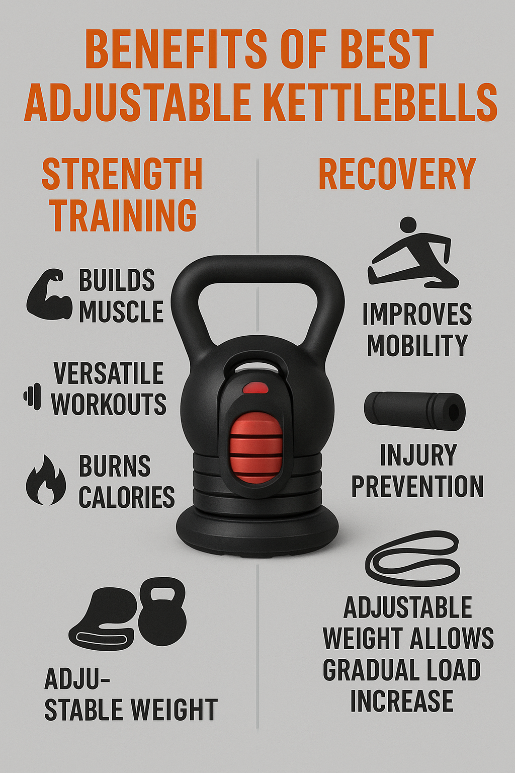 Top 7 Best Adjustable Kettlebells for Effective Workouts 7 Benefits infographic for workout and recovery using best adjustable kettlebells