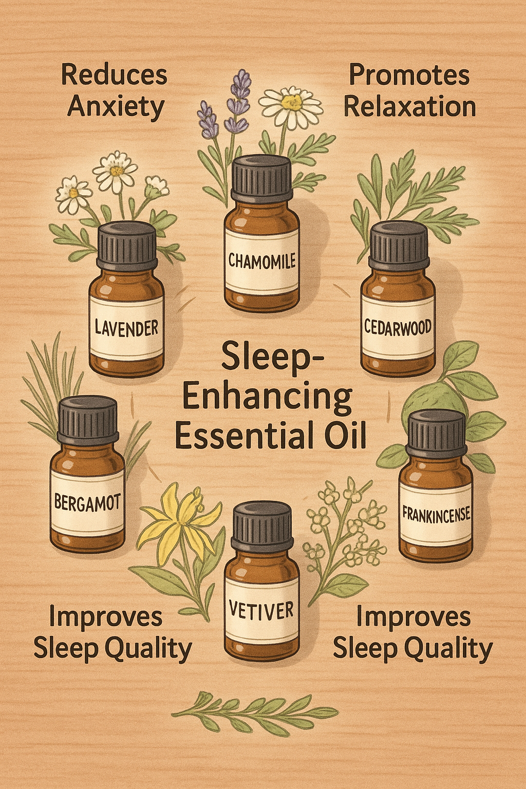 7 Best Essential Oils for Sleep to Boost Your Rest Naturally 3 Best essential oils for sleep displayed with flower illustrations and benefits