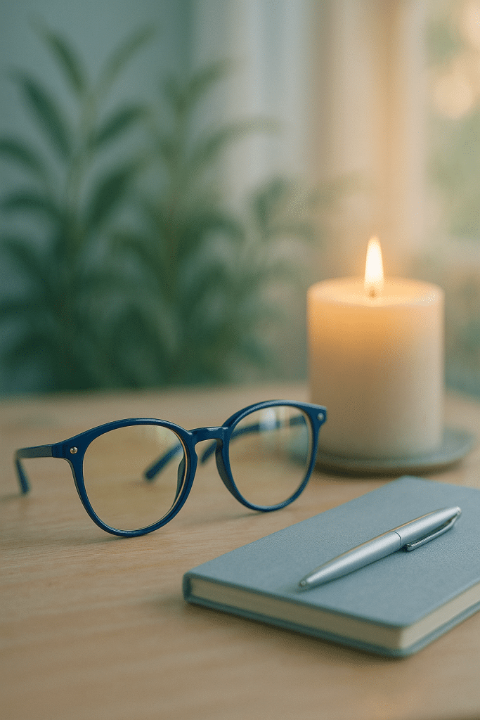 Live Better, Feel Stronger, Stay Healthy 4 Blue light blocking glasses on wooden table symbolizing wellness and stress relief benefits.