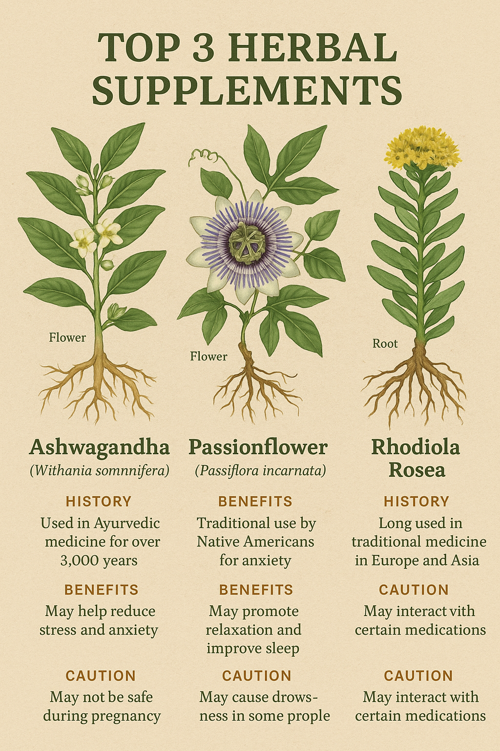 10 Best Supplements for Stress and Anxiety Relief 7 Botanical infographic featuring best herbal supplements for stress and anxiety relief
