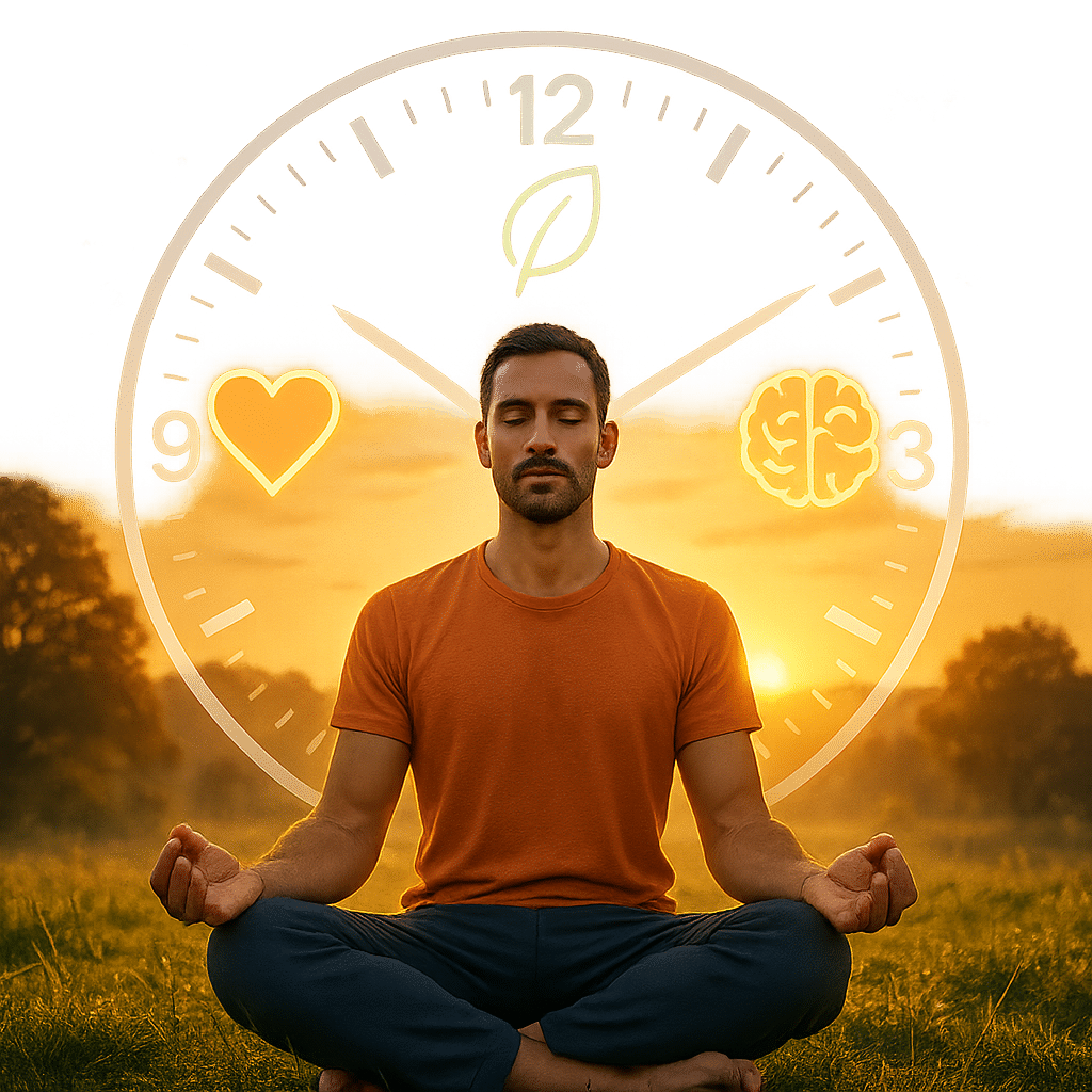 15 Proven Benefits of Intermittent Fasting for Natural Wellness 8 Calm adult meditating outdoors with fasting clock and health symbols illustrating benefits of intermittent fasting.