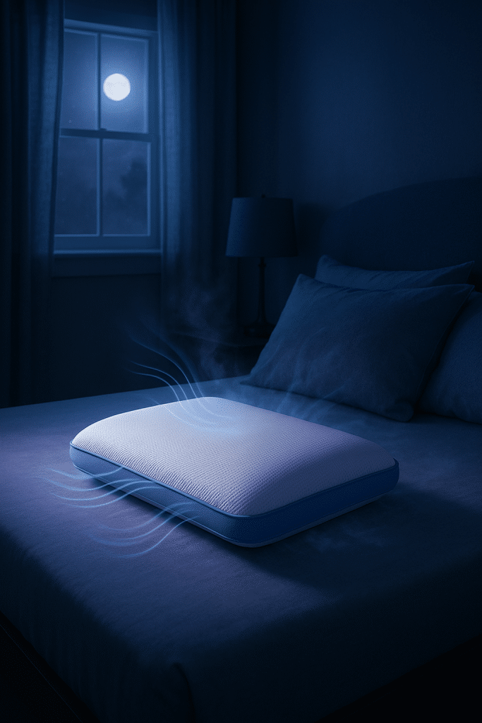 5 Best Cooling Pillows for Night Sweats to Sleep Cool & Calm 2 Calming bedroom with best cooling pillow for night sweats glowing softly to promote restful sleep and wellness