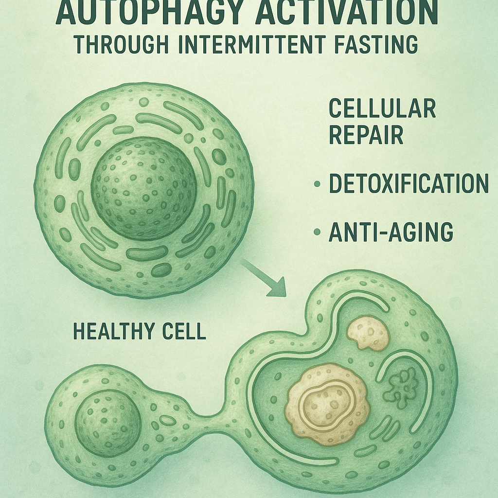 Cellular infographic explaining intermittent fasting benefits through autophagy and cellular repair