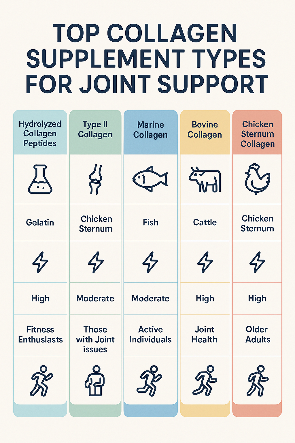 7 Best Collagen Supplements for Joints to Boost Recovery 4 Chart comparing types of best collagen supplements for joints by source and benefits