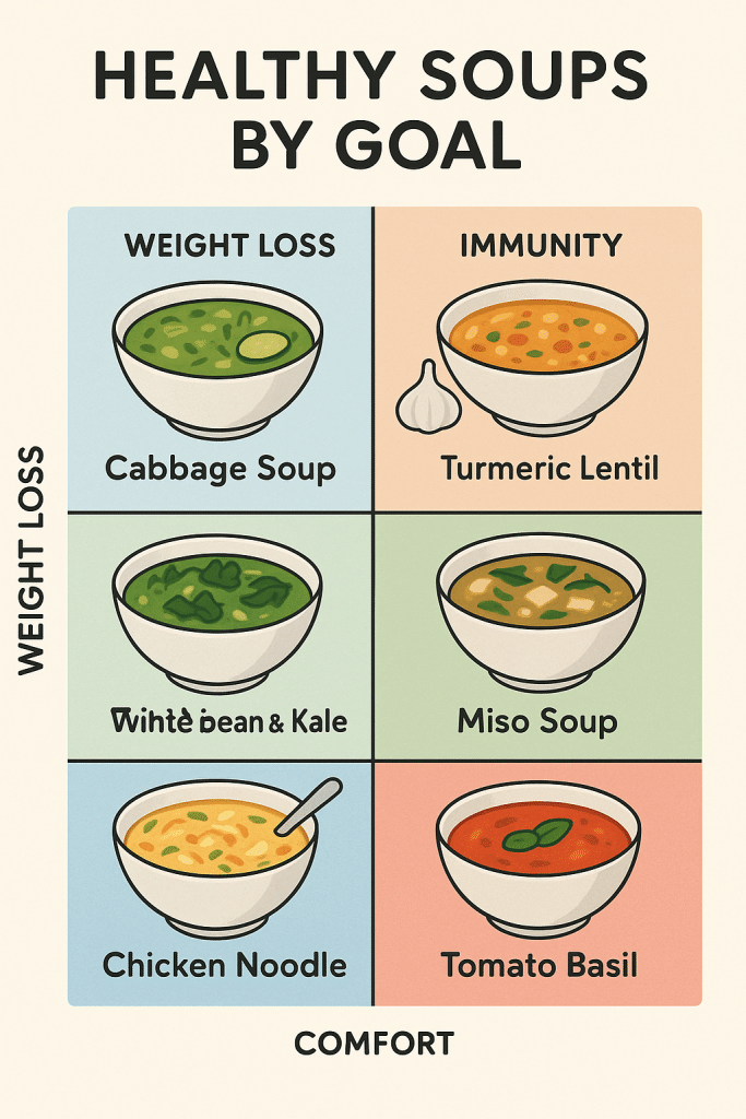 15 Best Healthy Soup Recipes Every Woman Should Try 4 Chart showing different healthy soup recipes categorized by goals such as weight loss immunity gut health and comfort