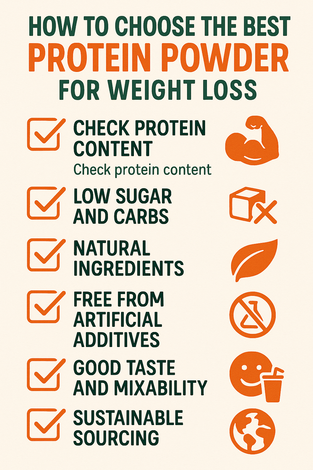 7 Best Protein Powders for Weight Loss: Trusted & Effective Picks 7 Checklist infographic on choosing the best protein powder for weight loss with key features