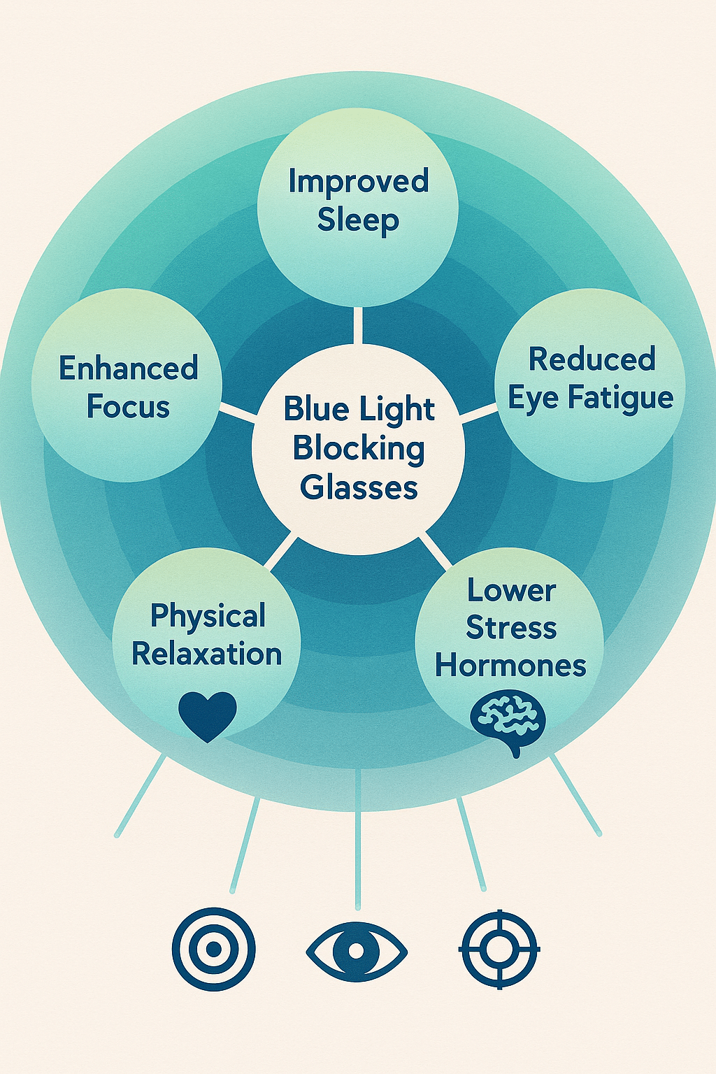 5 Powerful Blue Light Blocking Glasses Benefits for Wellness 5 Circular diagram illustrating holistic blue light blocking glasses benefits for stress relief and ba