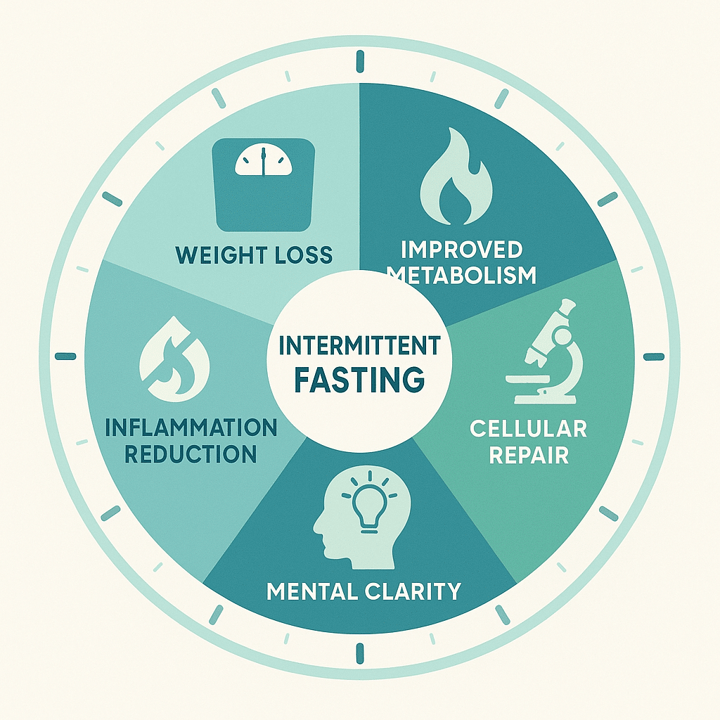 Circular infographic showing key benefits of intermittent fasting including weight loss and mental c