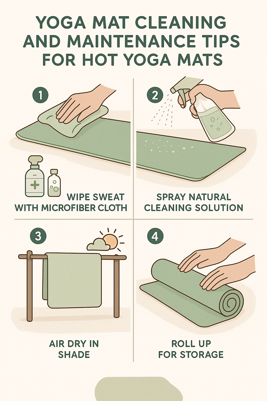 7 Best Yoga Mats for Hot Yoga with Superior Grip & Durability 6 Cleaning and maintenance infographic for best yoga mats for hot yoga with step by step tips
