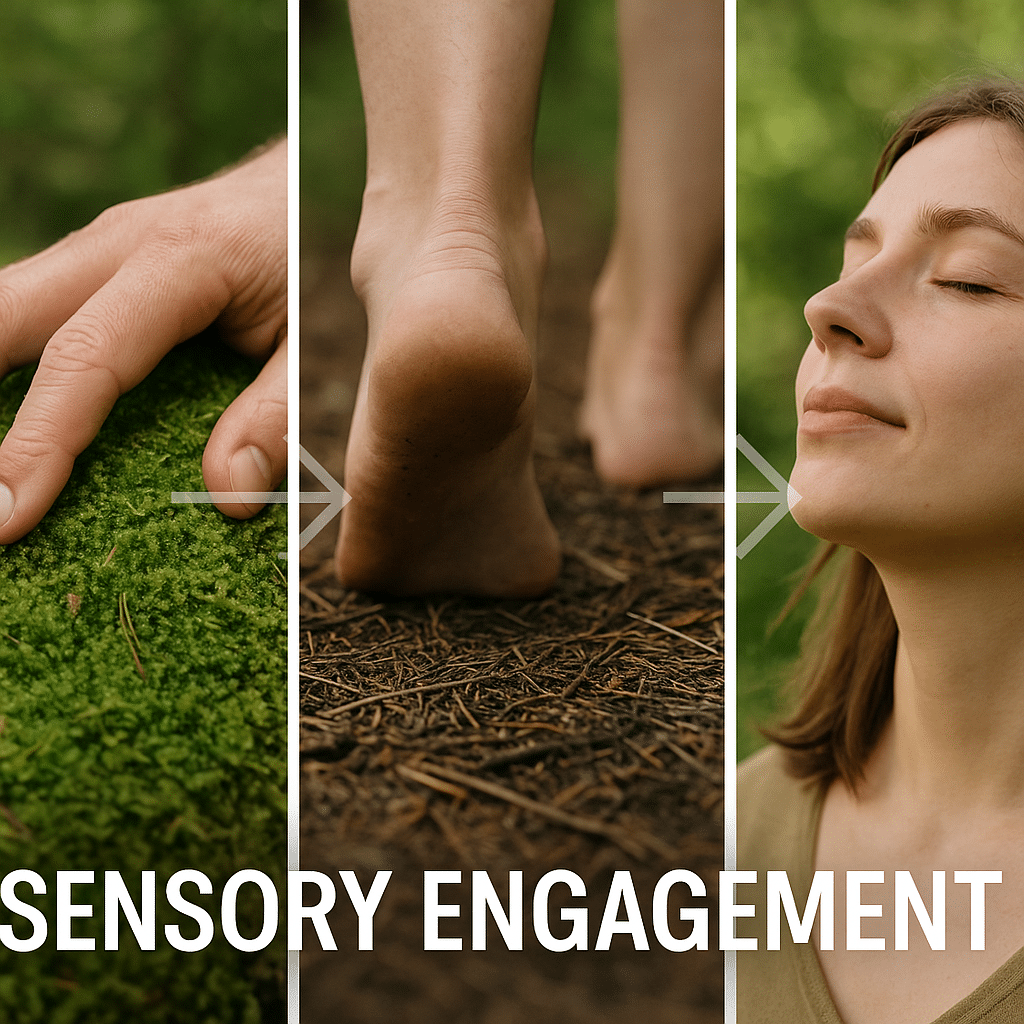 Close up images showing sensory engagement highlighting benefits of forest bathing