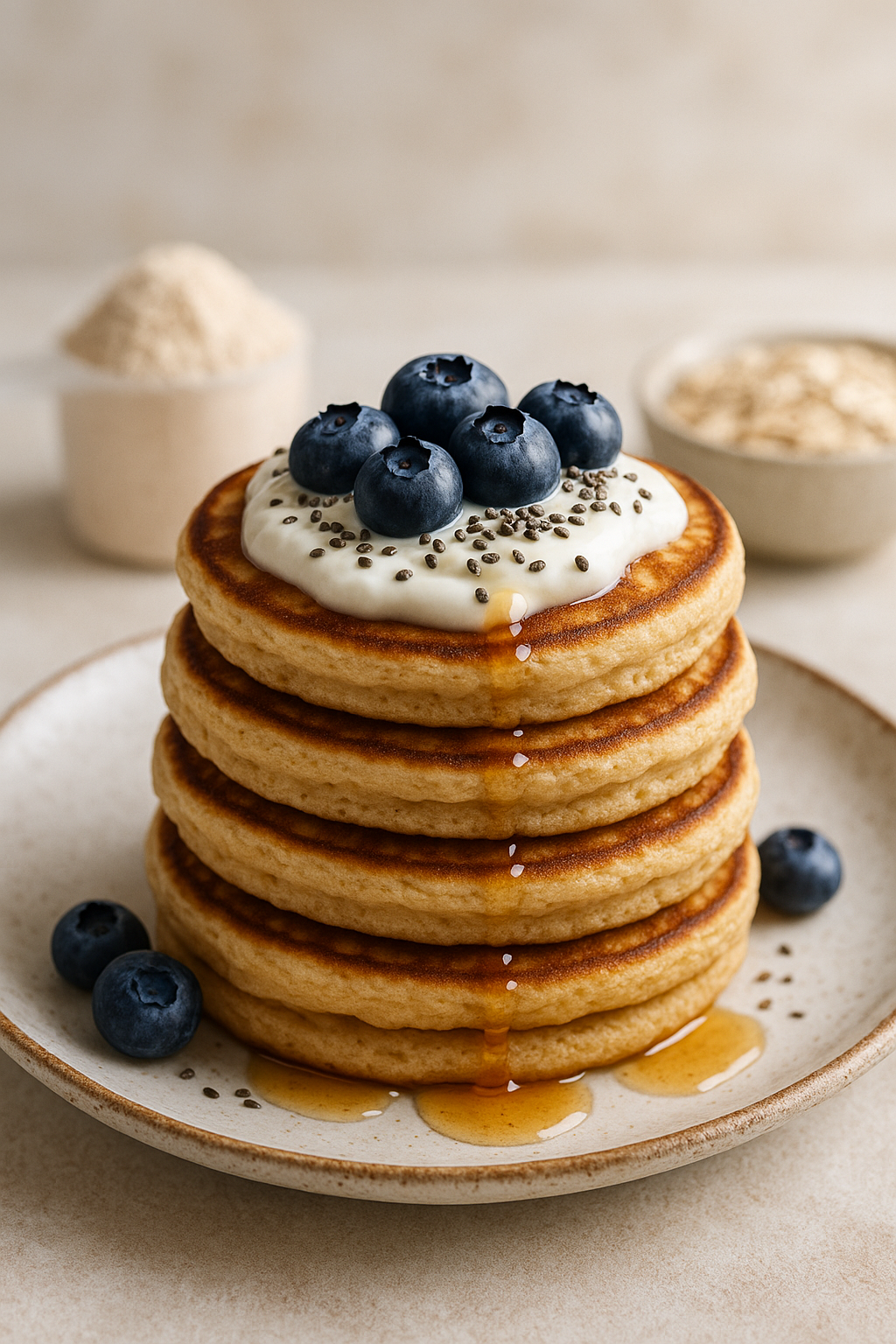 7 Best Protein Pancake Mixes for Balanced Nutrition 7 Close up of fluffy protein pancakes made from the best protein pancakes mix topped with fresh healt