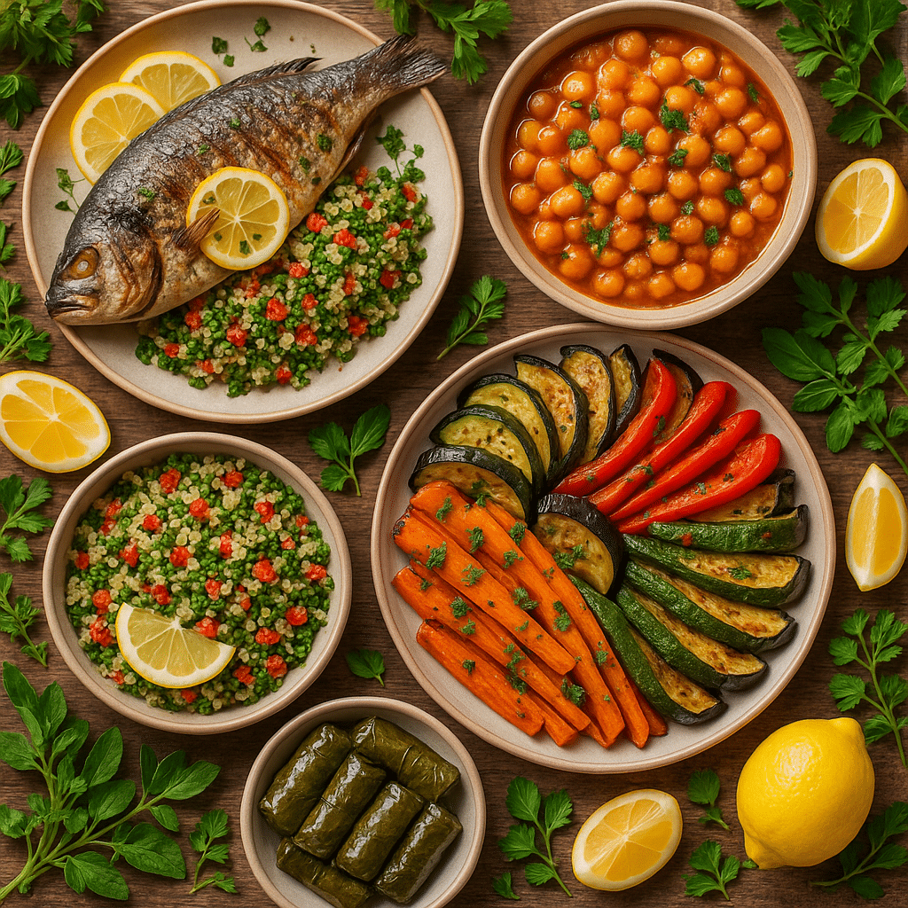 Collage of Mediterranean healthy recipes including grilled fish quinoa tabbouleh roasted vegetable