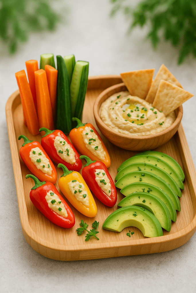 Colorful assortment of fresh healthy appetizer recipes on bamboo tray for easy nutritious meals