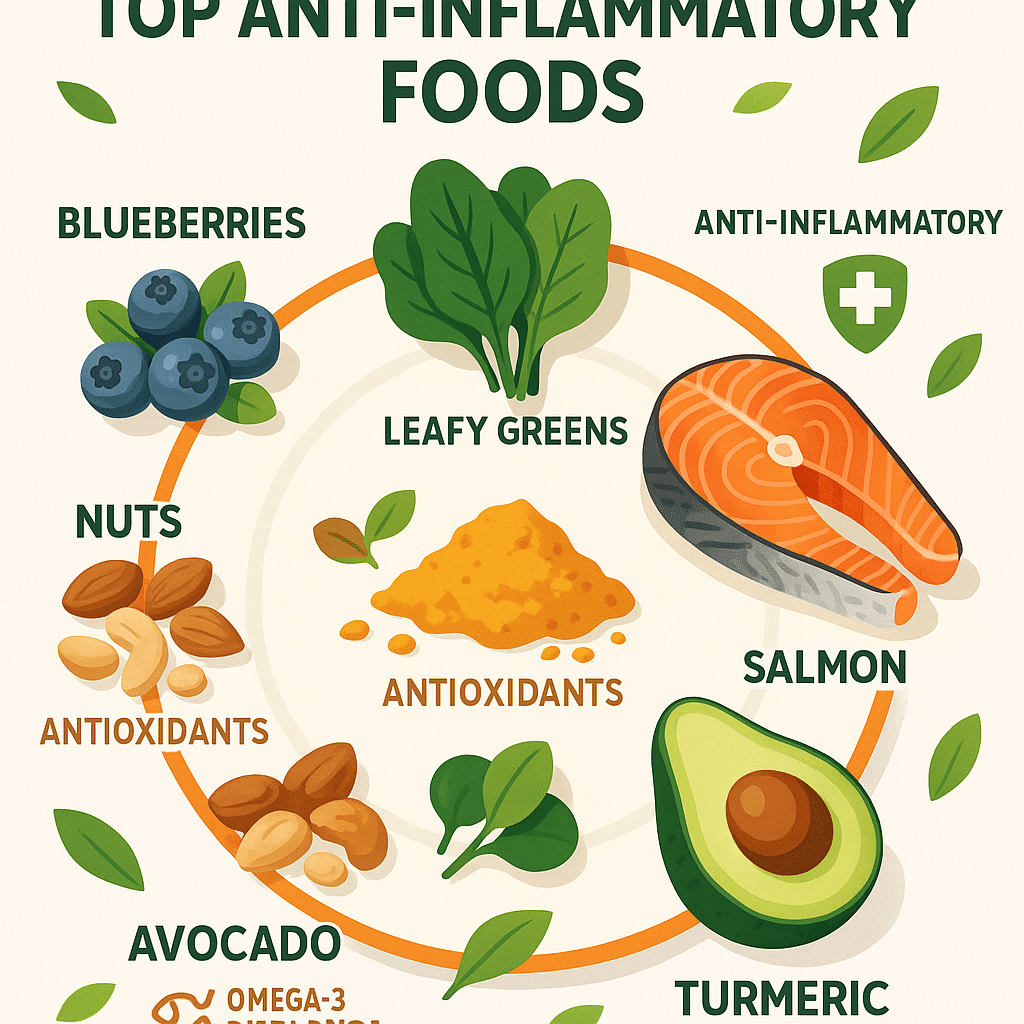 Colorful infographic of anti inflammatory foods to show how to reduce inflammation naturally