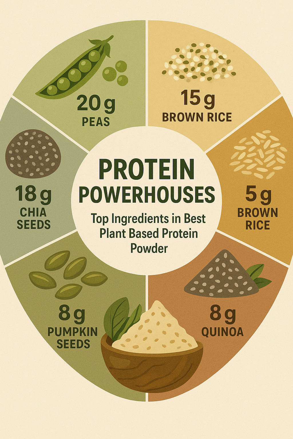 7 Best Plant-Based Protein Powders for Optimal Health 3 Colorful infographic of best plant based protein powder ingredients with protein content per source