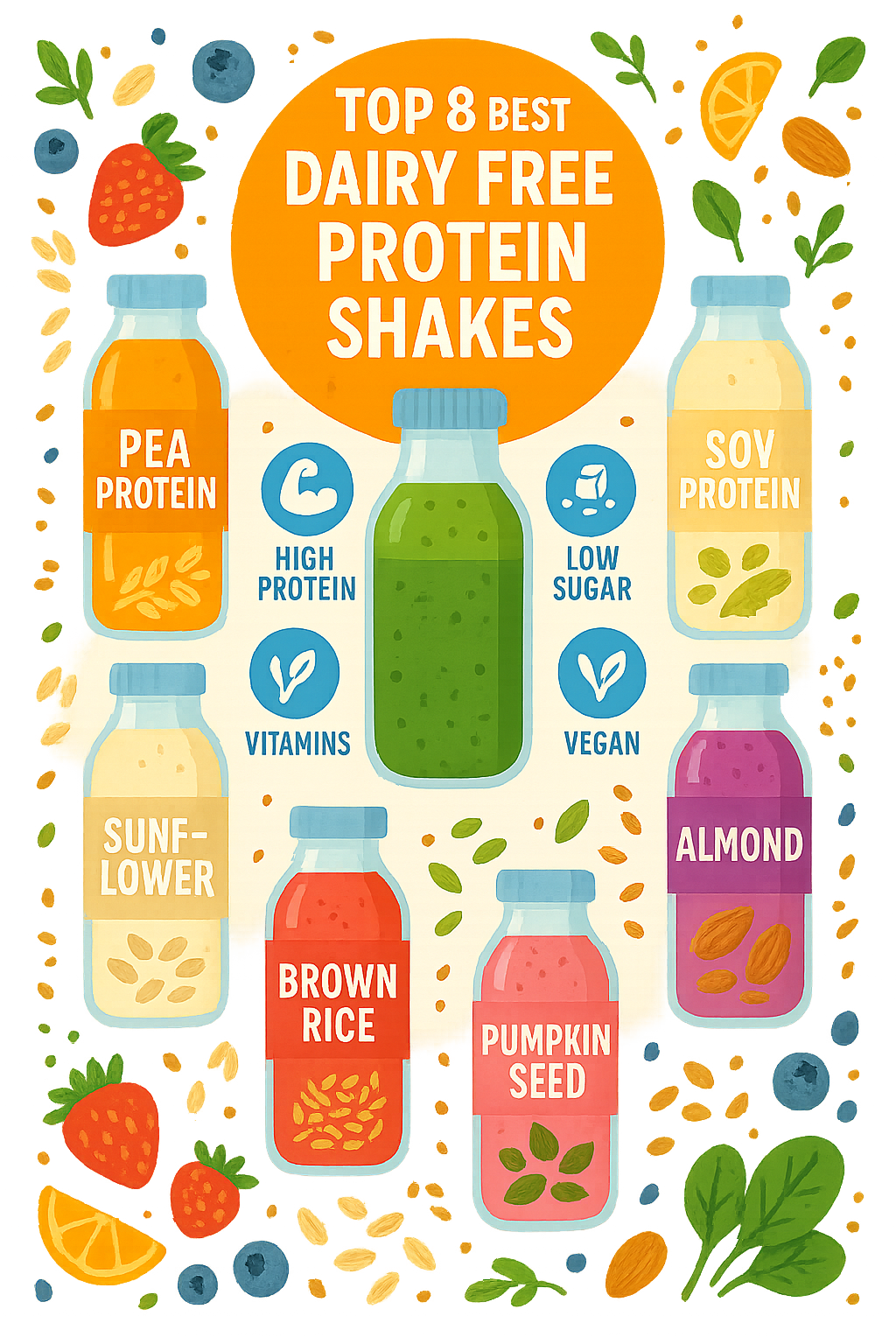 8 Best Dairy Free Protein Shakes for Balanced Nutrition 3 Colorful infographic of the best dairy free protein shakes with plant based ingredients and nutritio