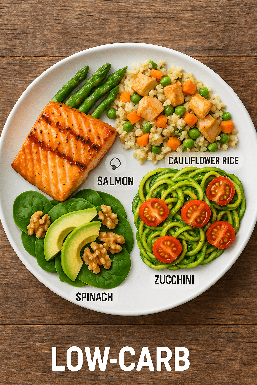 5 Irresistible Low Carb Meal Ideas for Dinner to Boost Health 3 Colorful low carb meal ideas for dinner on a divided plate featuring salmon cauliflower rice zucch
