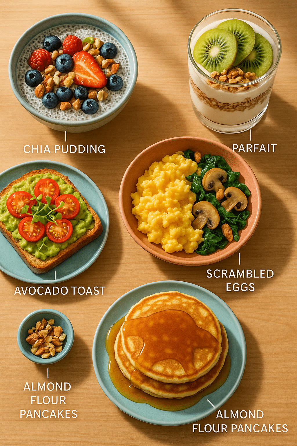 5 Easy Gluten Free Breakfast Ideas for Healthy Mornings 3 Colorful top down view of gluten free breakfast ideas with avocado toast pancakes and chia pudding