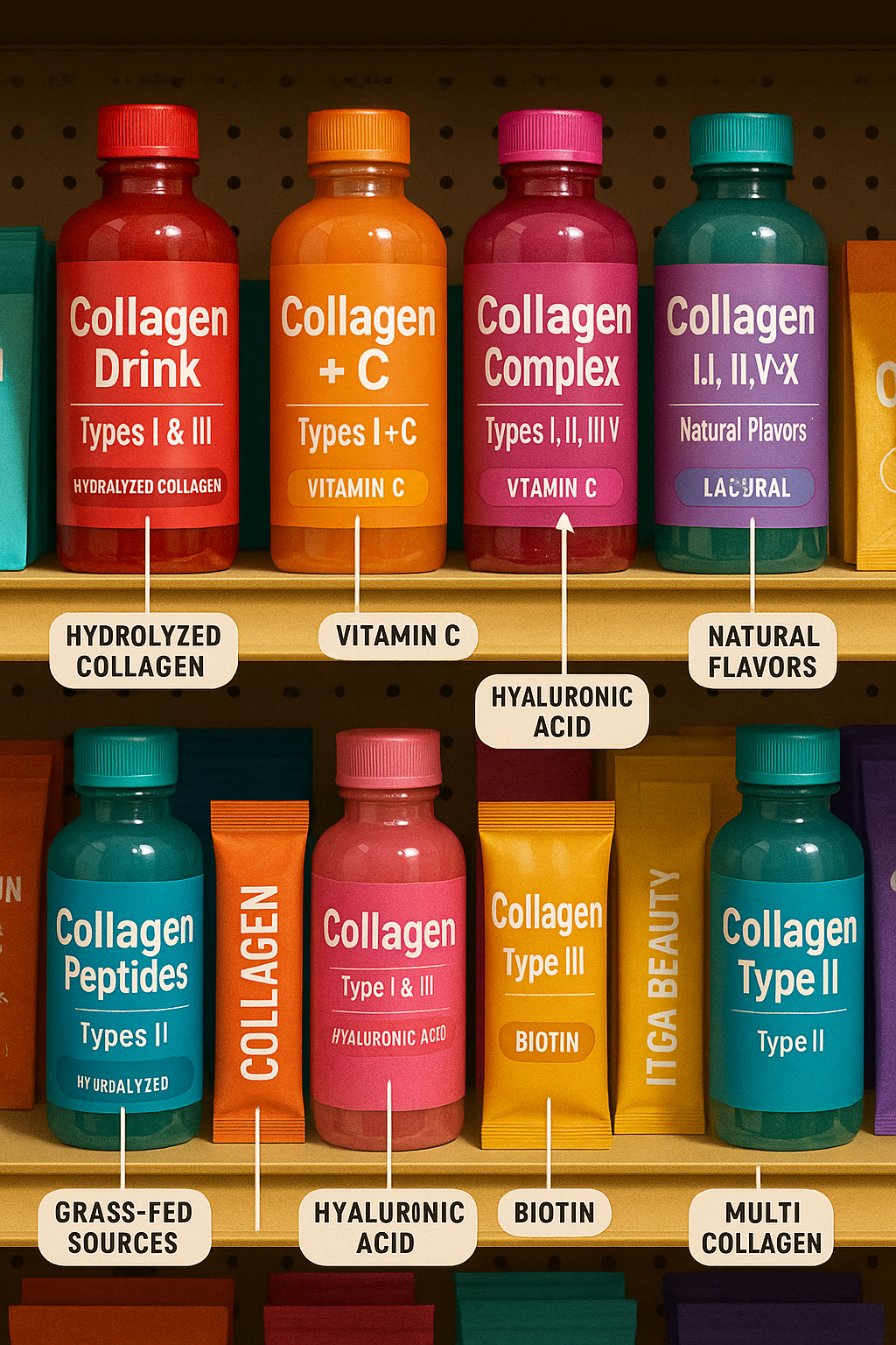 8 Best Collagen Drinks for Skin to Boost Your Radiance 4 Colorful variety of best collagen drinks for skin with labels highlighting collagen types and ingred