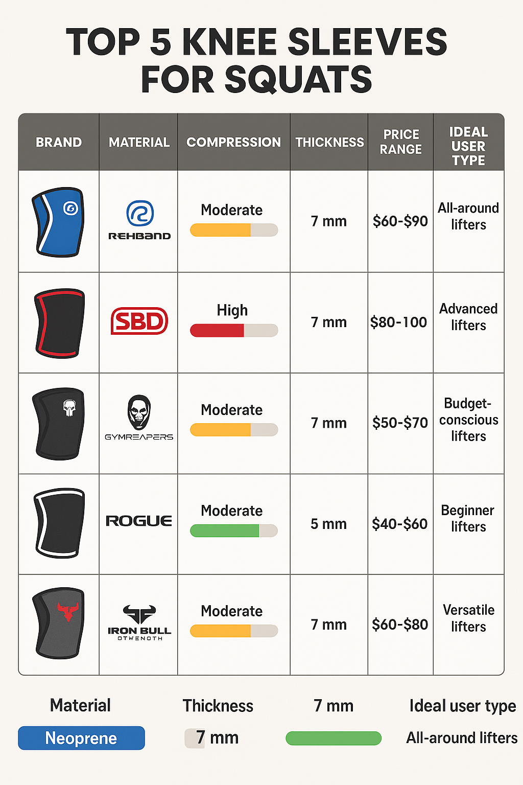 7 Best Knee Sleeves for Squats to Boost Support & Performance 4 Comparative infographic showing features of best knee sleeves for squats