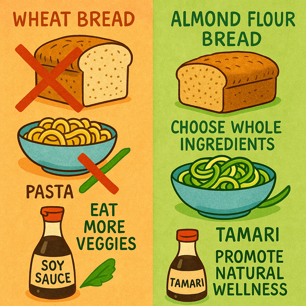 Comparing gluten containing foods with gluten free healthy recipe alternatives infographic