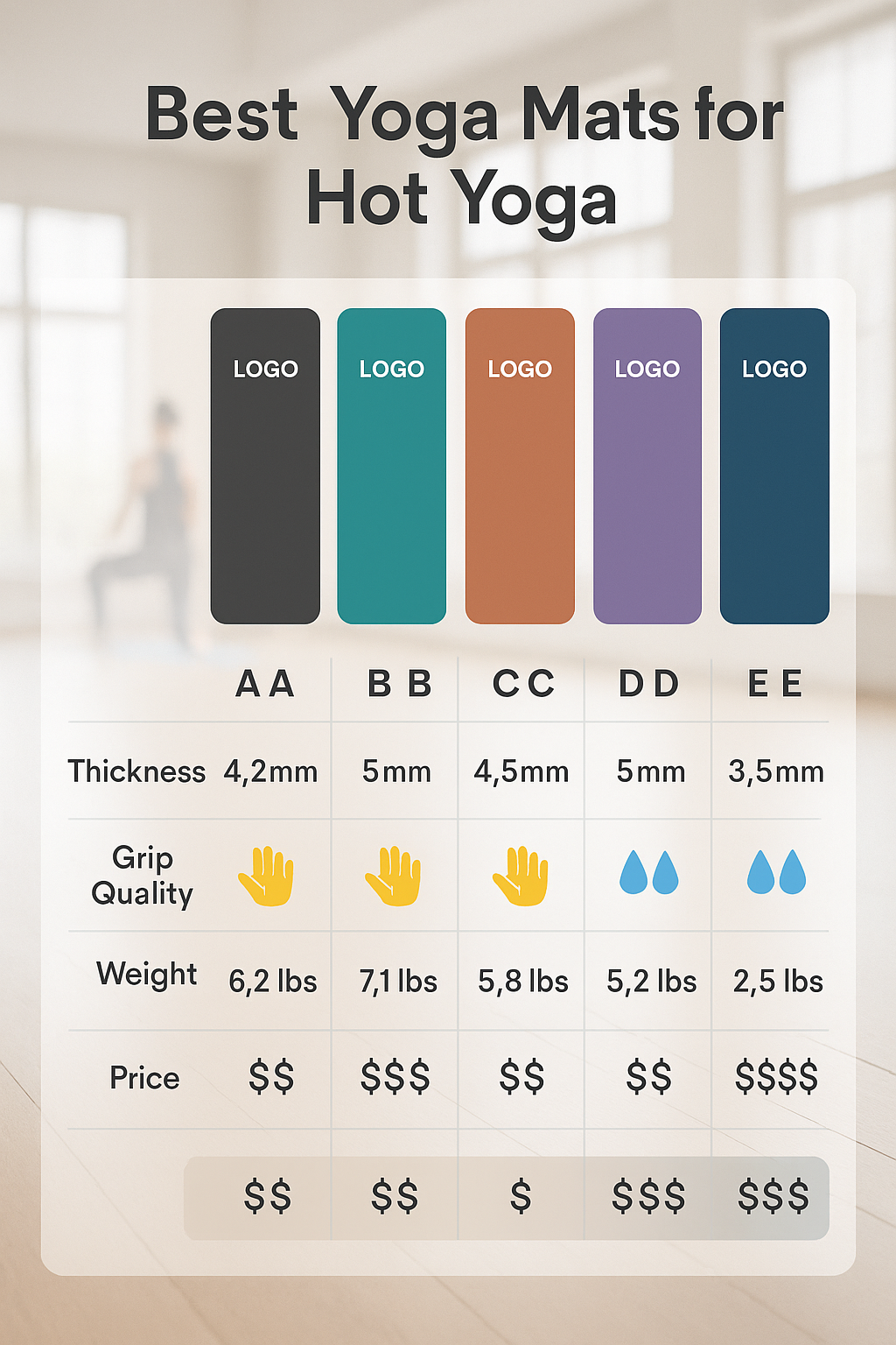 7 Best Yoga Mats for Hot Yoga with Superior Grip & Durability 4 Comparison chart featuring best yoga mats for hot yoga with grip thickness and sweat resistance ra