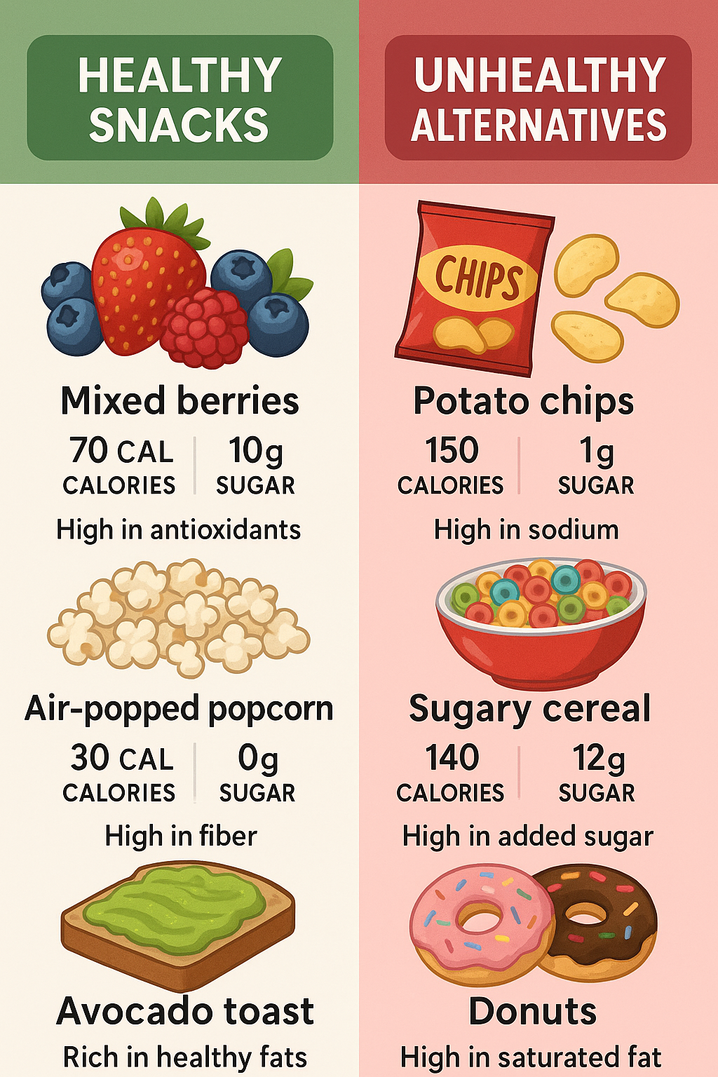 10 Best Healthy Snacks for Weight Loss That Actually Work 5 Comparison chart of best healthy snacks for weight loss versus unhealthy snack alternatives