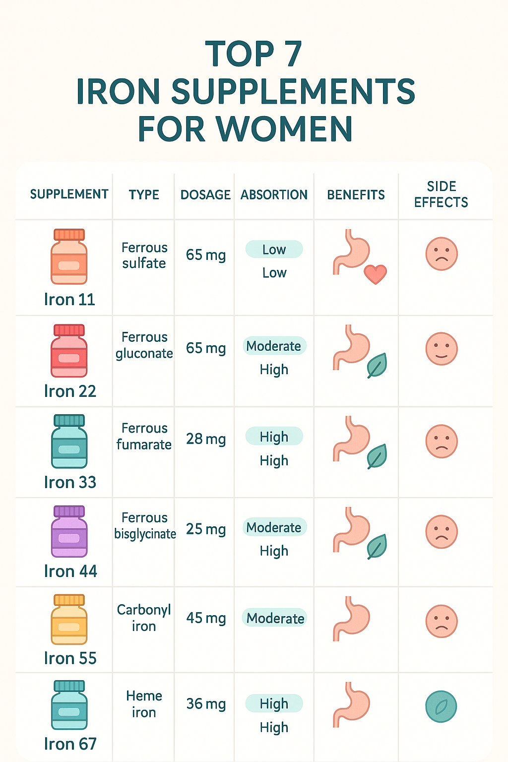 7 Best Iron Supplements for Women for Optimal Health 3 Comparison chart of best iron supplements for women with types dosage and benefits