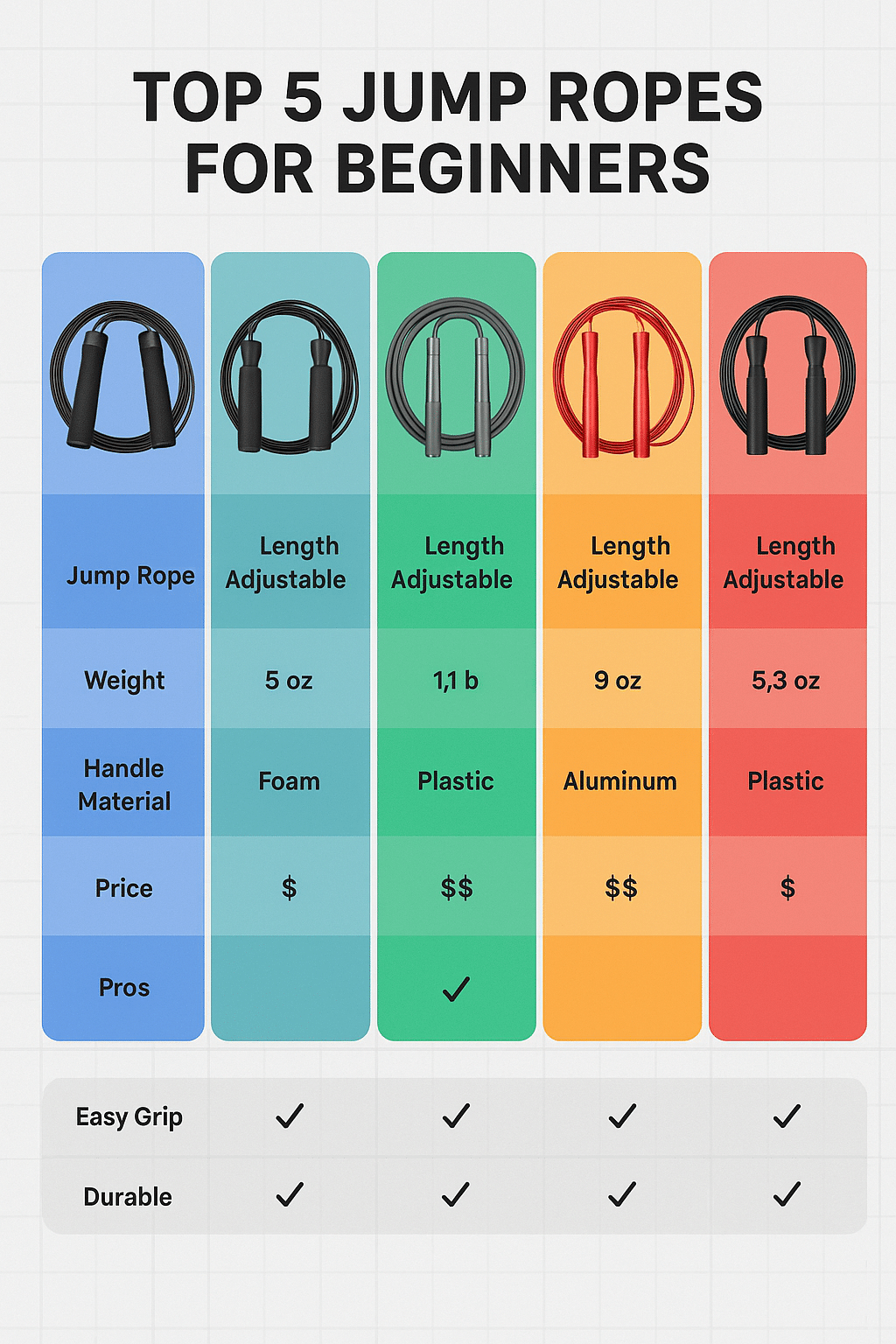 5 Best Jump Ropes for Beginners to Boost Your Fitness 5 Comparison chart of the best jump ropes for beginners with specs and features