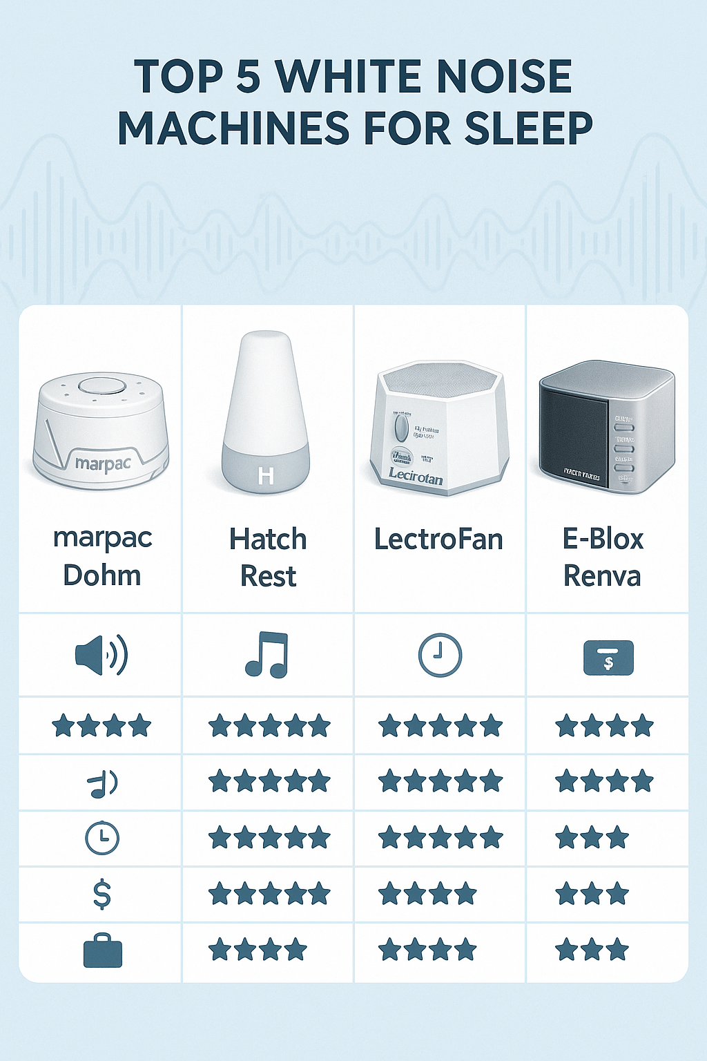 7 Best White Noise Machines for Sleep to Boost Your Wellness 3 Comparison chart of the best white noise machines for sleep showing features and ratings