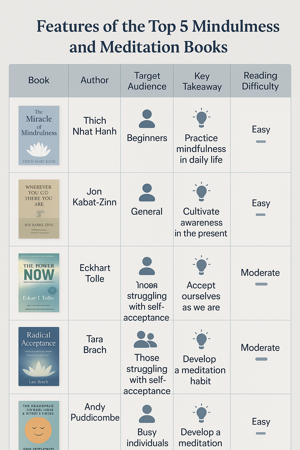 Top 10 Best Books on Mindfulness and Meditation for Wellness 5 Comparison chart of top 5 best books on mindfulness and meditation with features and ratings