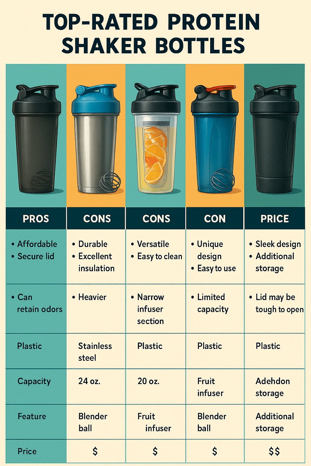 8 Best Protein Shaker Bottles for Smooth, Clump-Free Nutrition 4 Comparison chart showcasing features of the best protein shaker bottles for health conscious individ